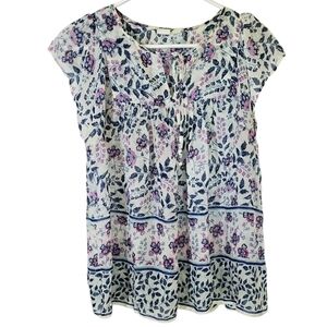 🟢2249 * Gap Sheer Floral Flowy Blouse White Blue Pink Size S